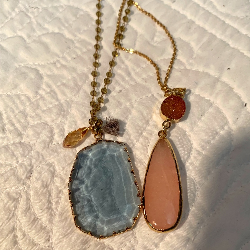 2 necklaces blue and pink stones with gold chain